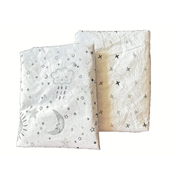 POTTERY BARN KIDS Crib Cot Fitted Sheet Lot/2 100% Organic Cotton Stars Sun Gray - Picture 2 of 16